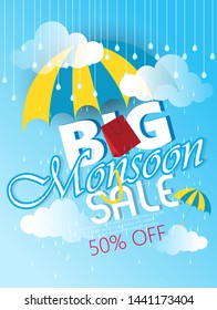 Monsoon season sale with colorful umbrellas, monsoon offer, big sale cloud,rain and sky.