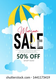 Monsoon season sale with colorful umbrellas, monsoon offer, big sale cloud,rain and sky.