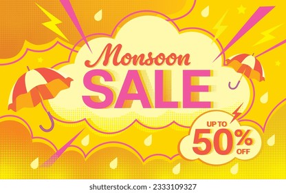 Monsoon season sale, comic concept design, vector illustration.