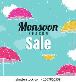 Monsoon Season Sale Concept with Colorful Umbrellas, on Cloudy Sky.