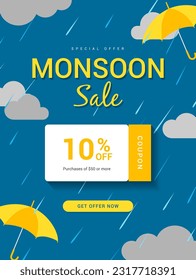 Monsoon season sale coupon vector Illustration. Yellow umbrella in drizzling background. Rainy season promotion