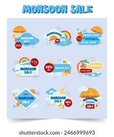 Monsoon season sale, Creative Sale Banner poster and web header emblem and badges set vector illustration..