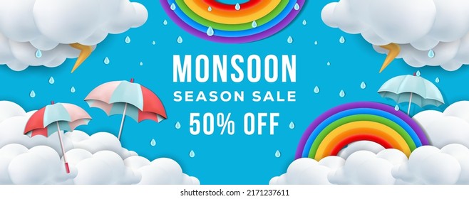 monsoon season sale horizontal banner promotion with rainbow, rainfall, umbrellas, thunder, and clouds 3d illustration