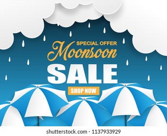 monsoon season sale. paper art style design with raining drops, umbrella and clouds on blue background. Vector.
