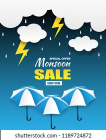 monsoon season sale. paper art style design with raining drops,thunder, umbrella and clouds on blue background. Vector.