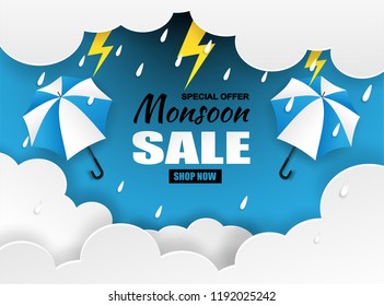 monsoon season sale. paper art style design with raining drops,thunder, umbrella and clouds on blue background. Vector.