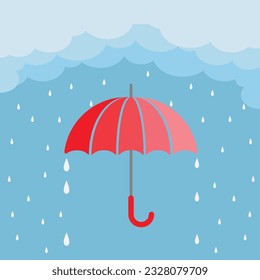 monsoon season sale. paper art style design with raining drops, umbrella and clouds on blue background. Vector.