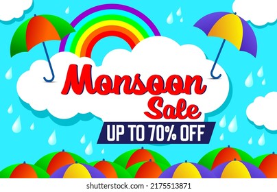 monsoon season sale in paper cut art design with clouds, rainbow, thunder, and rainfall. banner promotion illustration vector
