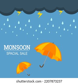 Monsoon Season Sale Poster, Backgound, Promotion, Advertising Or Brochure. Rainy Day With Rain Drop, Dark Sky, Thunder And Umbrella. Illustration About Rainy Season Or Monsoon Season.