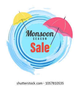 Monsoon Season Sale Poster, or Banner Design with colorful umbrellas, and water.