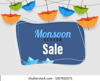 Monsoon Season Sale Poster, or Sale Banner Design with Colorful Umbrellas, and Paperboats. 