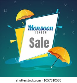 Afiche de venta de temporada de monzón, o diseño de pancarta de venta con paraguas coloridos y gotas de lluvia. 