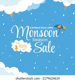 Monsoon season Sale Poster Design With 50% Discount Offer And Umbrella Decorated On Blue Clouds Background. vector illustration, poster for Monsoon season, sale banner.
