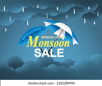 monsoon season sale. raining drops, umbrella with rain clouds blue background.