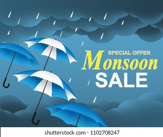 monsoon season sale. raining drops, umbrella with rain clouds blue background.