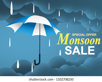 monsoon season sale. raining drops, umbrella with rain clouds blue background.
