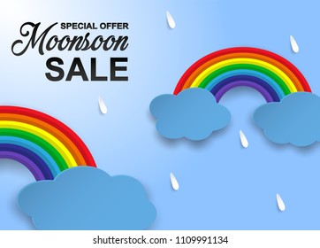 Monsoon season sale. raining drops, rainbow with rain clouds blue background.