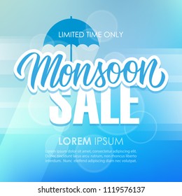 Monsoon Season Sale special offer banner with hand drawn lettering and umbrella for business, promotion and advertising. Vector illustration.