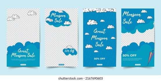 Monsoon season sale stories  social media template with clouds, umbrellas and rain. blue background.