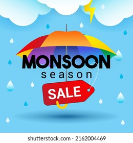 Monsoon Season Sale Vector Illustration. Rainbow Umbrella, Rainy Season Promotion