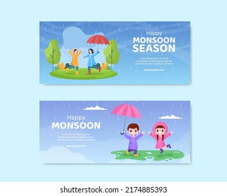 Monsoon Season Social Media Banner Template Flat Cartoon Background Vector Illustration