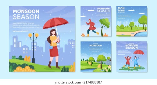 Monsoon Season Social Media Post Template Flat Cartoon Background Vector Illustration