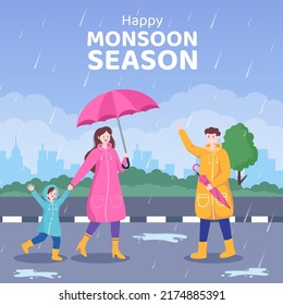 Monsoon Season Social Media Template Flat Cartoon Background Vector Illustration