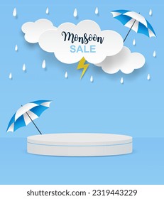 Monsoon season theme product display podium. Design with clouds and raining drops on blue sky background. vector.