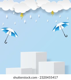 Monsoon season theme product display podium. Design with clouds and raining drops on blue sky background. vector.