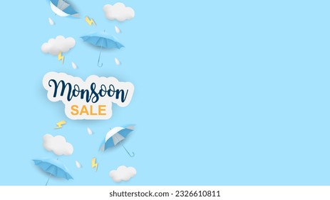 Monsoon season theme product display podium. Design with clouds and raining drops on blue sky background. vector.