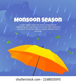 Monsoon season vector illustration with yellow umbrella, cloud, rainy sky.  Used for background, template, banner, sale, symbol, sign and icon.