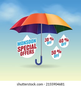 Monsoon special offers hanging from umbrella with sky background