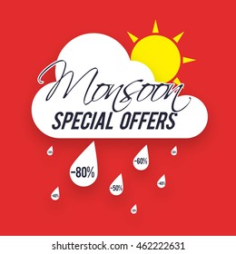 Monsoon Special Offers Sale with Discounts, Creative Poster, Banner or Flyer design with cloud, sun and raindrops.