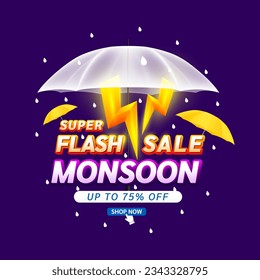 Monsoon Super Flash Verkauf. BIS ZU 75 % RABATT mit gelbem Donner-Schild. Shopping unter Regenschirm in sintflutartigen Regenfällen mit Sonderaktion zum Verkauf oder Promotion. Vorlagendesign für soziale Medien. Vektorgrafik.