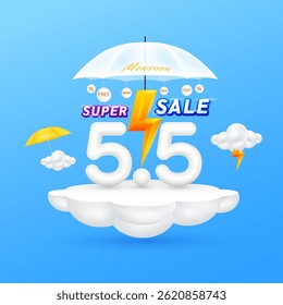 Monsoon super sale 5.5. Shopping under umbrella in rain with special offer sale campaign promotion. For ads with blank product podium scene yellow thunder on clouds. 3D Vector.