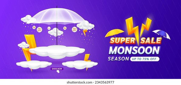 Monsoon super sale 75 percent. Yellow thunder sign on clouds. Shopping under umbrella in rain with special offer sale campaign promotion. For social media ads with blank product podium scene. Vector.