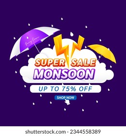 Monsoon super sale 75 percent and yellow thunder sign on clouds. Shopping under umbrella in rain with special offer sale campaign or promotion. Template design for social media. Vector EPS10.