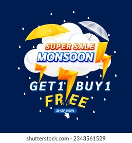 Monsoon super sale. Get 1 Buy 1 Free with yellow thunder sign on clouds. Shopping under umbrella in rain with special offer sale campaign or promotion. Template design for social media. Vector EPS10.