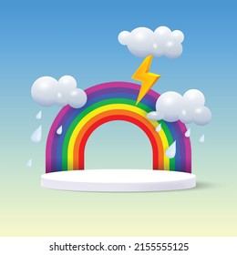 Monsoon theme product display podium. surrounded with clouds, rainbow and raining drops on blue sky background.