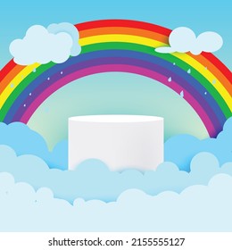 Monsoon theme product display podium. surrounded with clouds, rainbow and raining drops on blue sky background.