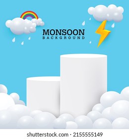 Monsun Thema Produktpräsentation Podium. umgeben von Wolken, Regenbogen und regnerischen Tropfen auf blauem Hintergrund.