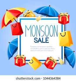 Monsoon vector sale banner design.Square label with shadow.Card for monsoon season. Vector illustration