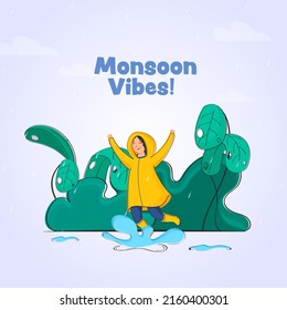 Monsoon Vibes! Font With Cheerful Young Girl Jumping In Water And Plants On Gray Background.