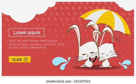 Monsoon yellow umbrella website banner on red background, Rabbits animal character Illustration vector, Concept design idea.
