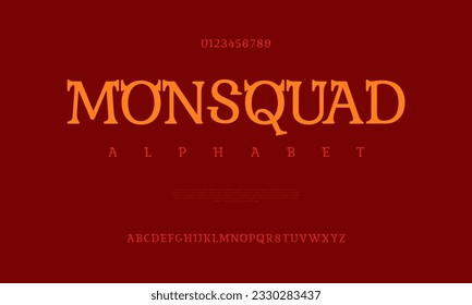 Monsquad premium luxury elegant alphabet letters and numbers. Elegant wedding typography classic serif font decorative vintage retro. Creative vector illustration