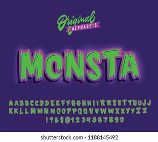 "Monsta" Vintage Montrer Style Hand Drawn Alphabet. Original Frankenstein Inspired Typeface. Vector Font Illustration.