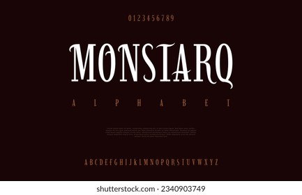 Monstarq creative vintage alphabet font. Digital abstract moslem, futuristic, fashion, sport, minimal technology typography. Simple numeric vector illustration