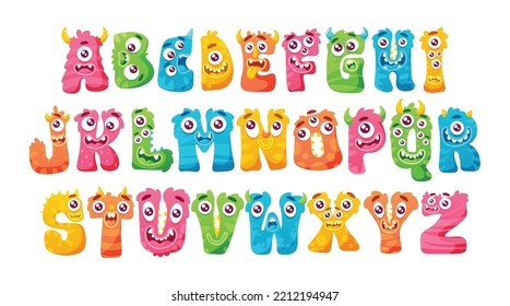 Monster Abc, Funny Halloween Kids Decorative Type Set, Cute Hairy Letters With Face Emotions, Colorful Childish Font Characters for Scrapbooking , Education or Lettering. Cartoon Vector Illustration