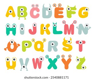 Monster Abc, engraçado crianças fonte decorativa, letras bonitas com emoções no rosto, colorido símbolos de fonte das crianças para scrapbooking, educação ou escrita. Ilustração de desenho animado vetorial.