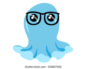 Monster alien adorable and cute blue jellyfish character with big nerd glasses - Vector illustration with white background - school and education theme